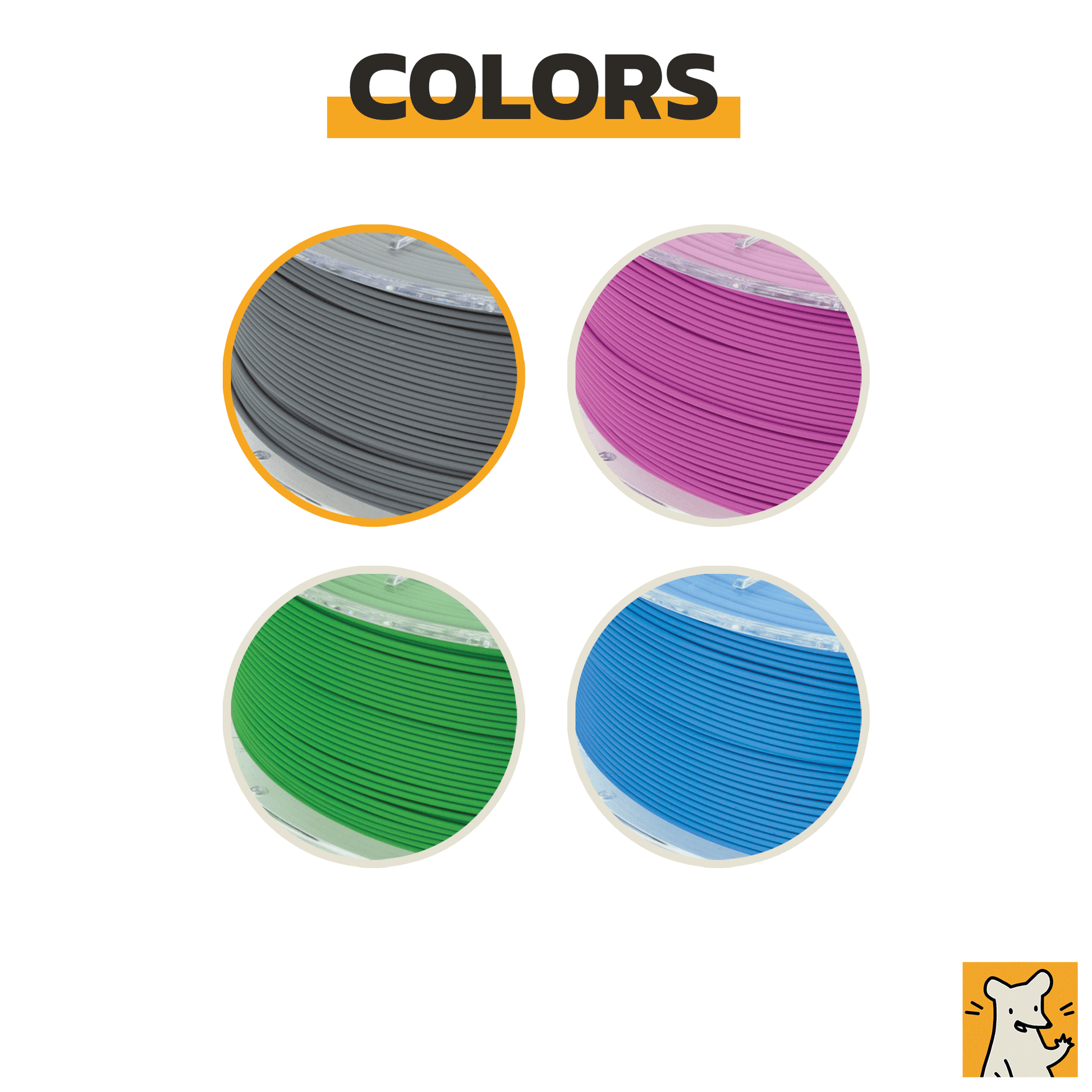 Various colors including gray, purple, green, and blue.