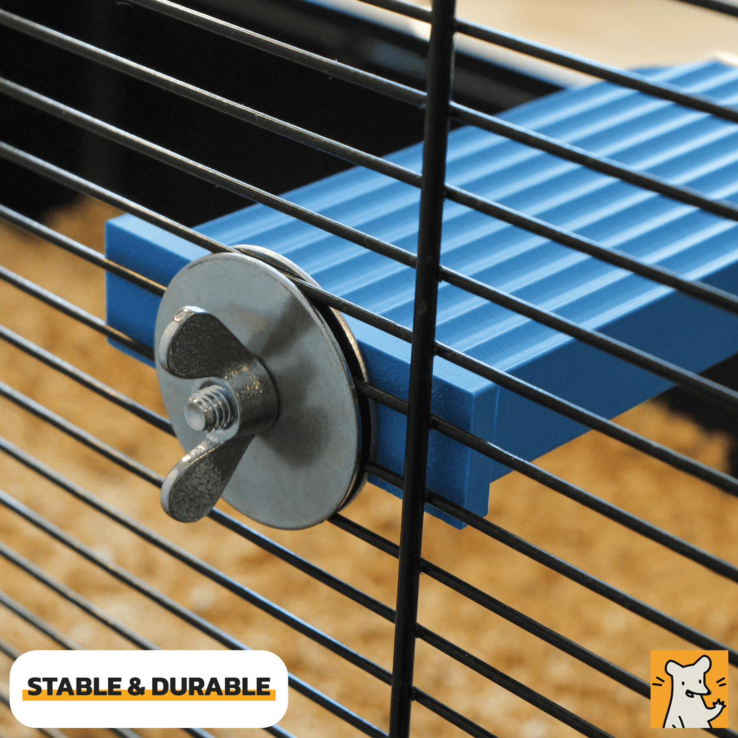 Close-up of a blue rat cage platform secured with a durable metal fastener, showcasing stability and usability for pets.