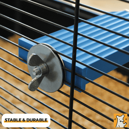 Close-up of a blue rat cage platform secured with a durable metal fastener, showcasing stability and usability for pets.