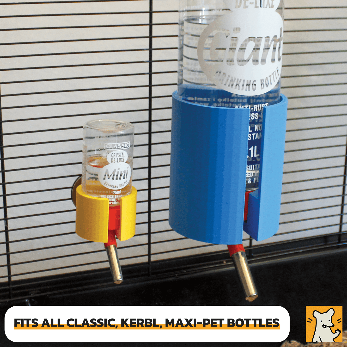 Classic Crystal Deluxe water bottle holder in blue and yellow, fitting various types of pet bottles for small animals.