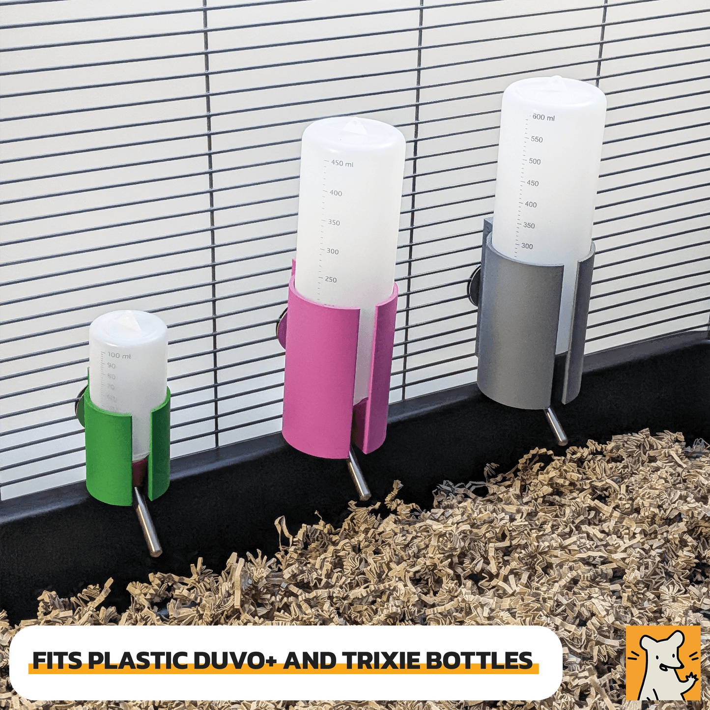 Cage Water Bottle Holder for Duvo+ fitting plastic Duvo+ and Trixie bottles in various colors.