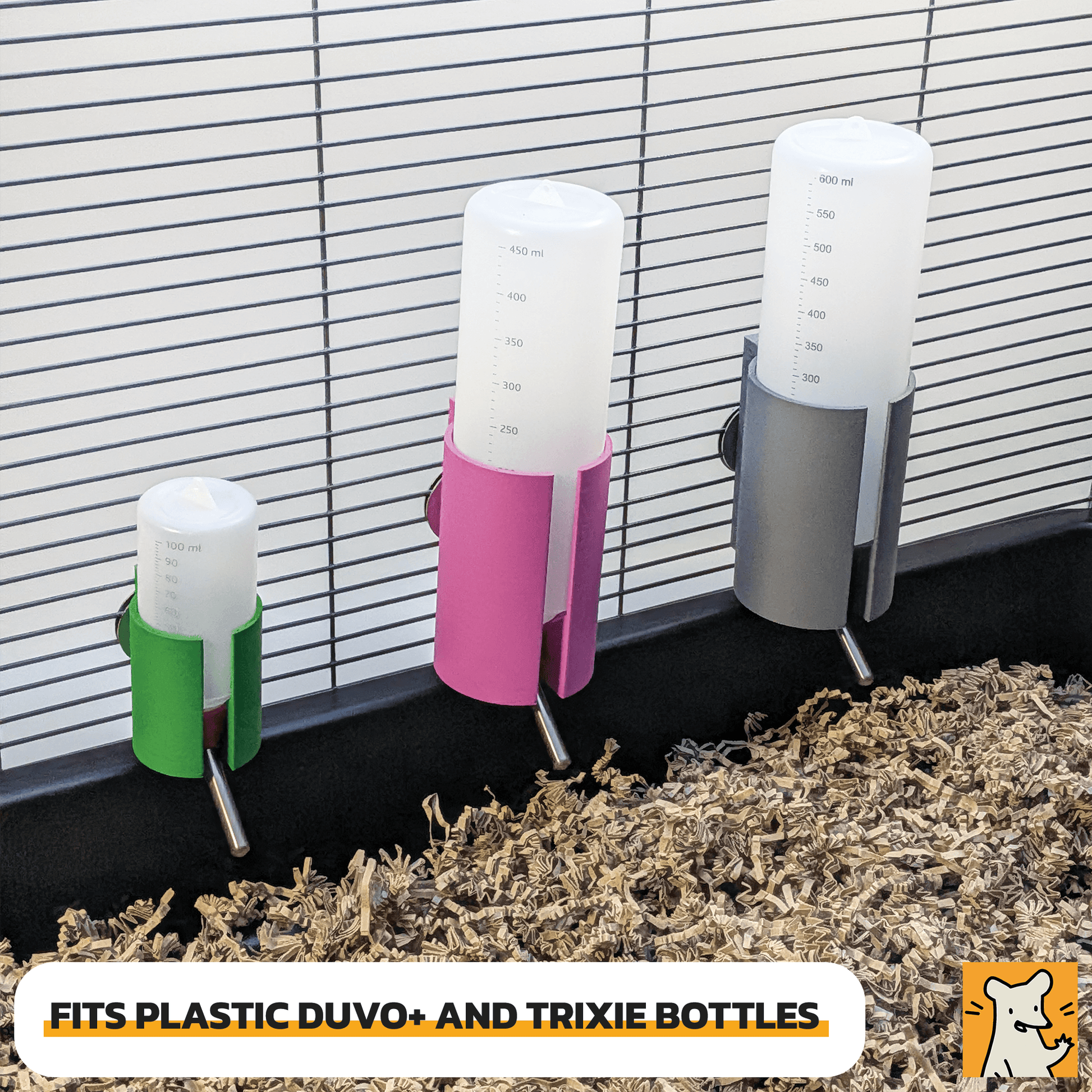 Cage Water Bottle Holder for Duvo+ fitting plastic Duvo+ and Trixie bottles in various colors.