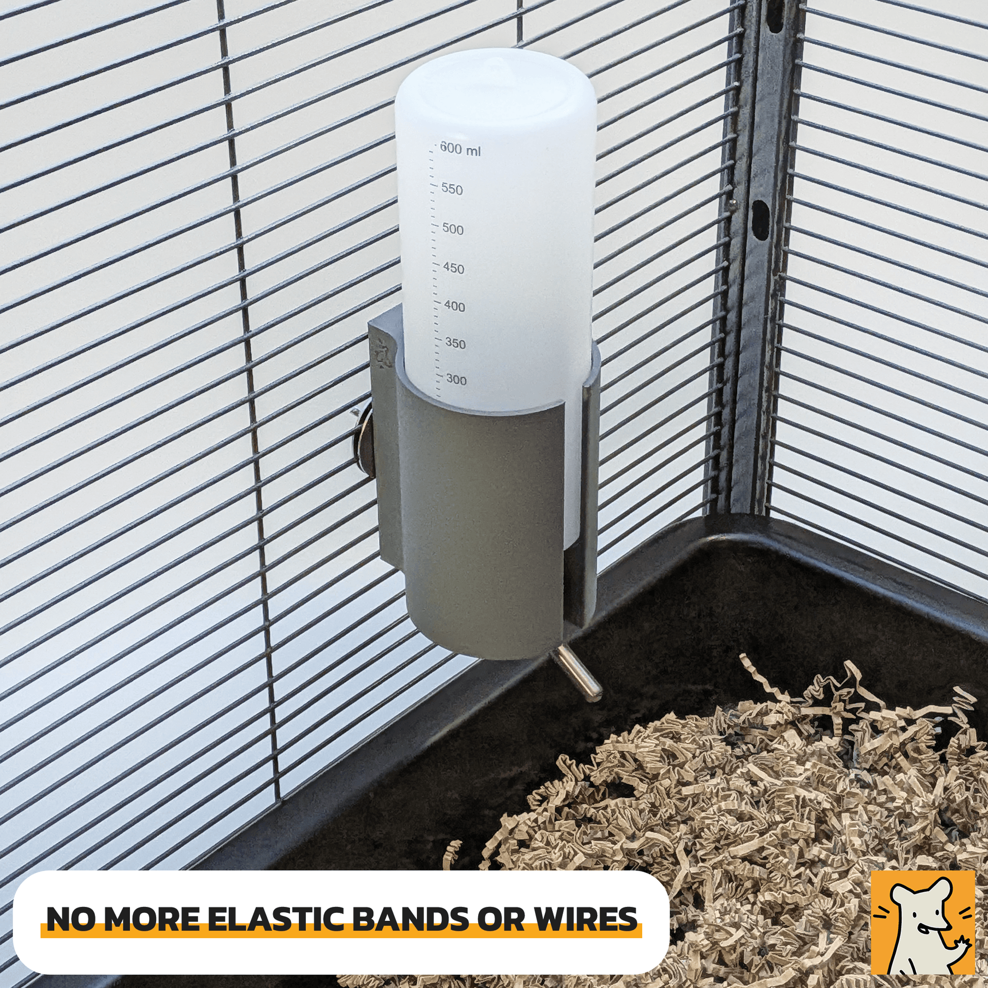 Cage Water Bottle Holder for Duvo+ securely mounted in a pet cage, eliminating the need for elastic bands or wires.