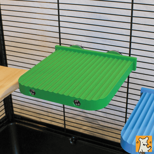 Large green 3D printed rat cage platform, perfect for climbing and resting, mounted on a wire cage.