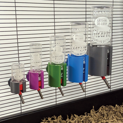 Classic Crystal Deluxe water bottle holders in blue and green, paired with multiple pet water bottles with red tops.
