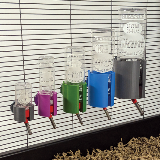 Classic Crystal Deluxe water bottle holders in blue and green, paired with multiple pet water bottles with red tops.