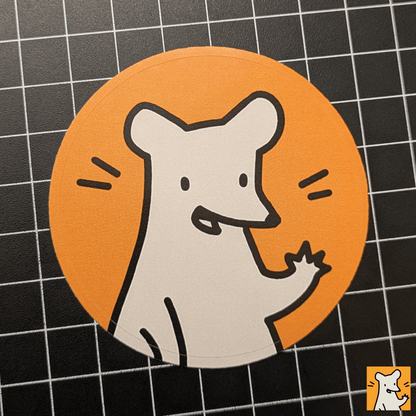 Circular sticker featuring Rover the Rat on an orange background, perfect for laptops and crafts.