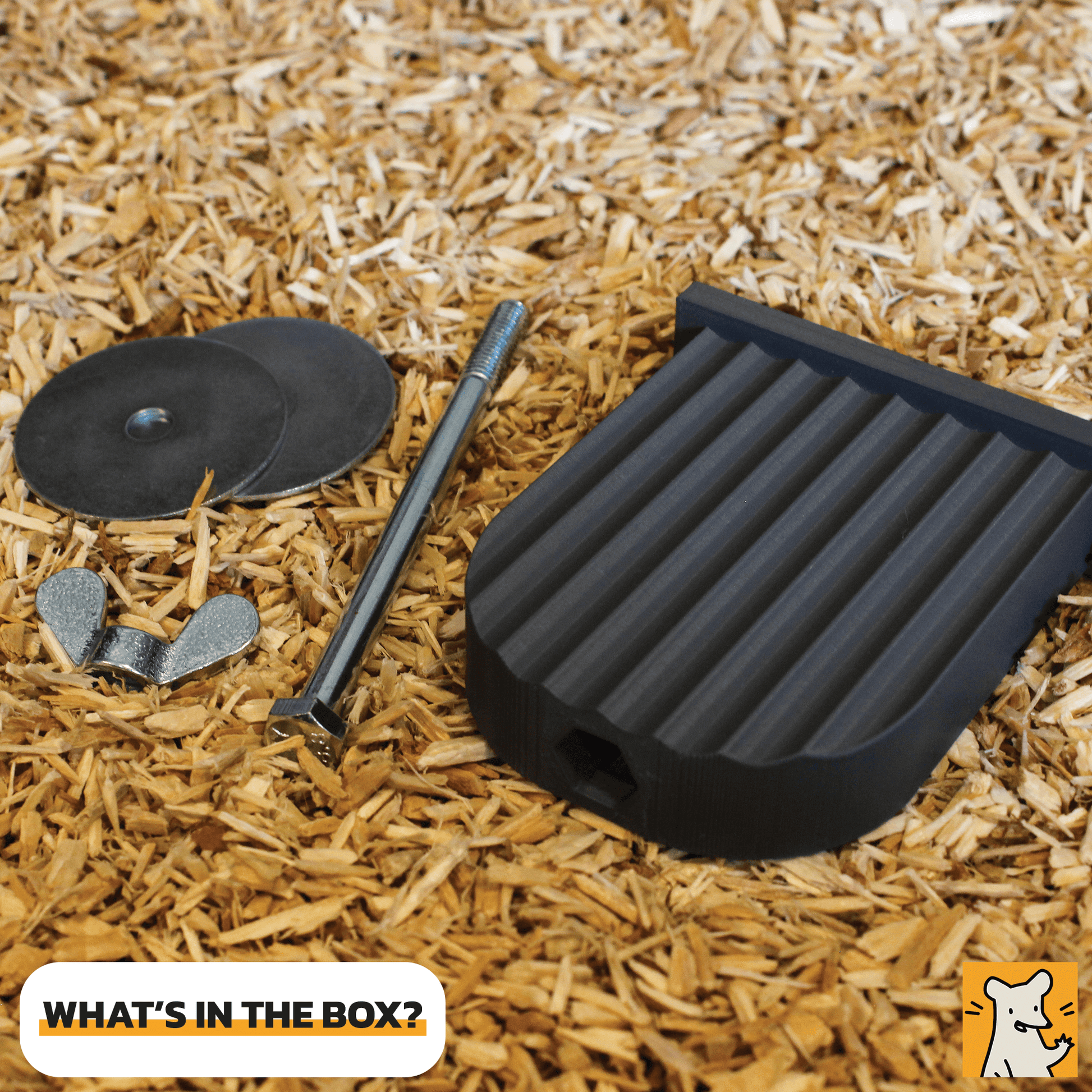 Small rat cage platform box contents including the platform, screws, and bolt on bedding.