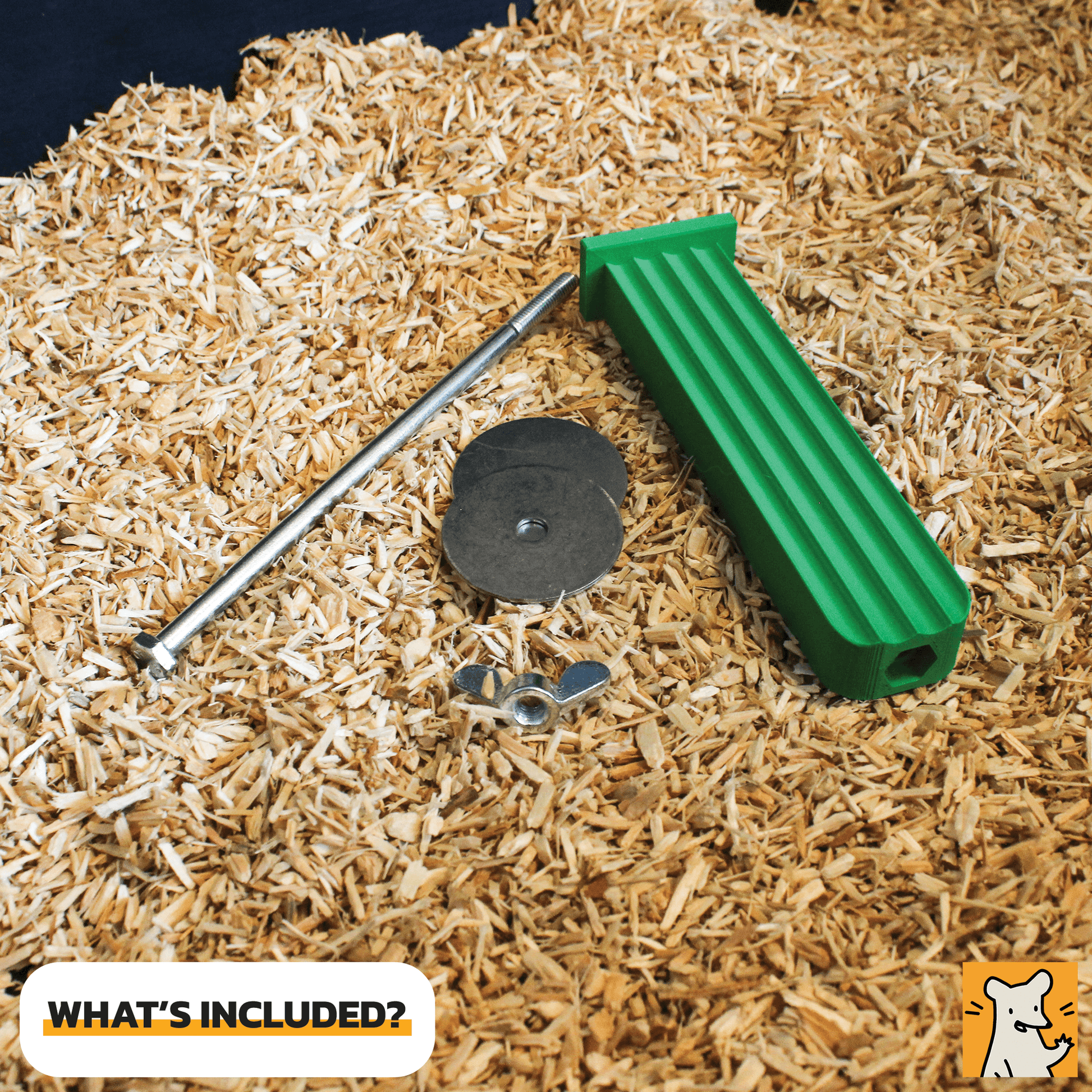 Included accessories for rat cage ledge: green ledge, metal bolt, washers, and nut on bedding.