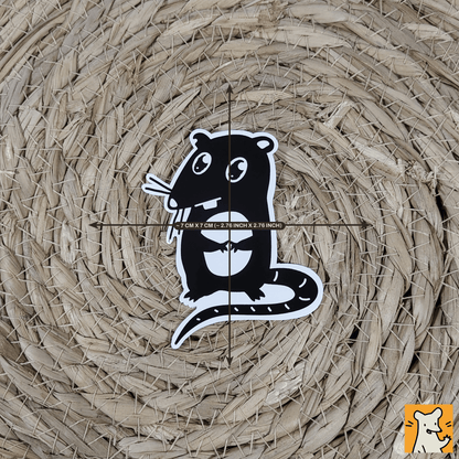 Cute pleading rat sticker against a woven background, perfect for laptops and journals.