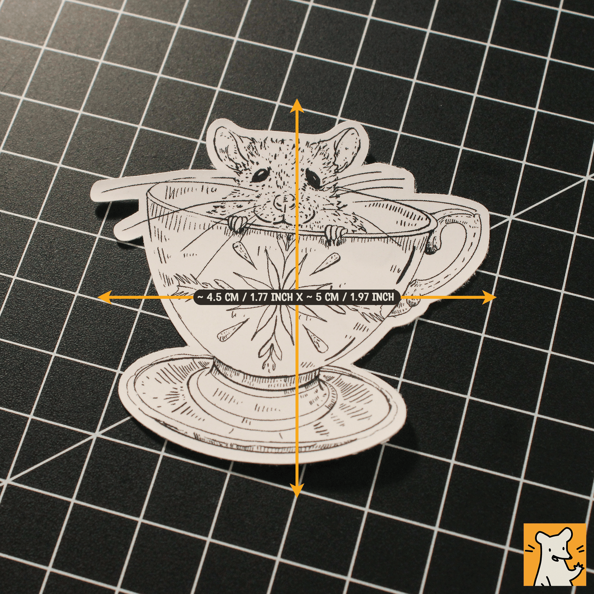 Hand-illustrated baby rat sticker in a cup design, perfect for accessories and craft projects, measuring 5 cm.